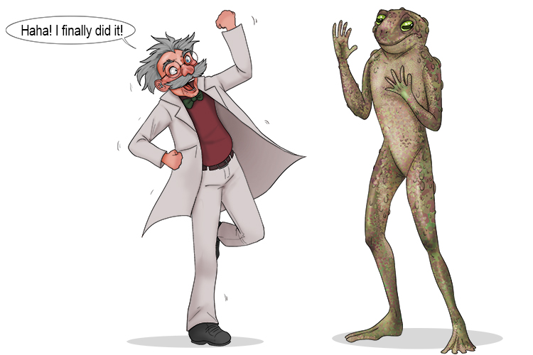 The eccentric scientist made a toad (ecto) into a tall person with narrow shoulders and hips.